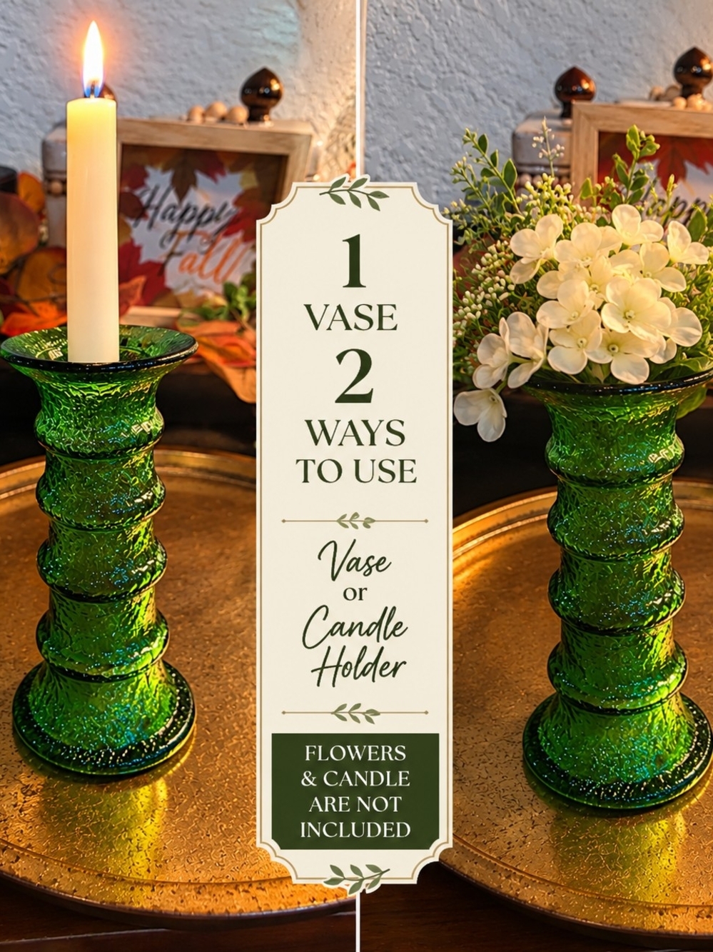 Vintage Emerald Green Crinkle Glass Vase & Candle Holder Made in USA